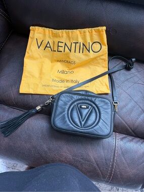 Valentino Black Leather Crossbody Camera Bag with Tassel